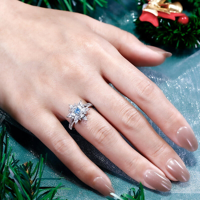 Jeulia "Shining Winter" Snowflake Marquise Cut Split Shank Sterling Silver Ring