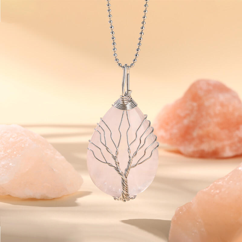 Jeulia "Unconditional Love" Winding Tree Design Natural Rose Quartz Necklace