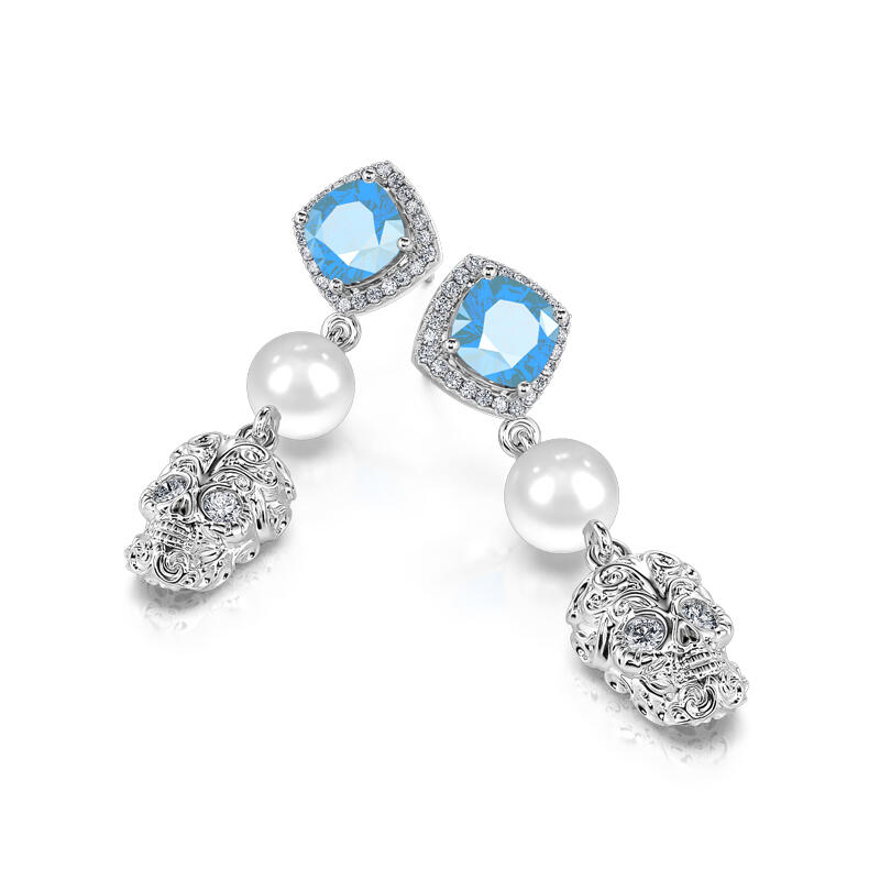 Jeulia "Departed Soul" Sugar Skull Cultured Pearl Sterling Silver Earrings