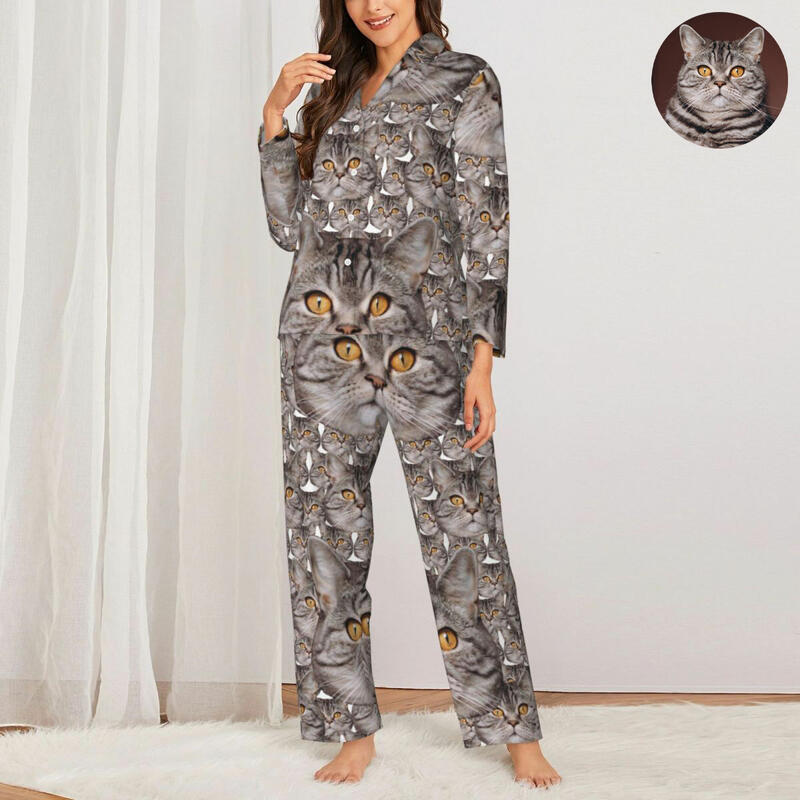 Pigiama personalizzato con testa di gatto personalizzata, set completo di foto, motivo, design, regalo creativo per gli amanti degli animali