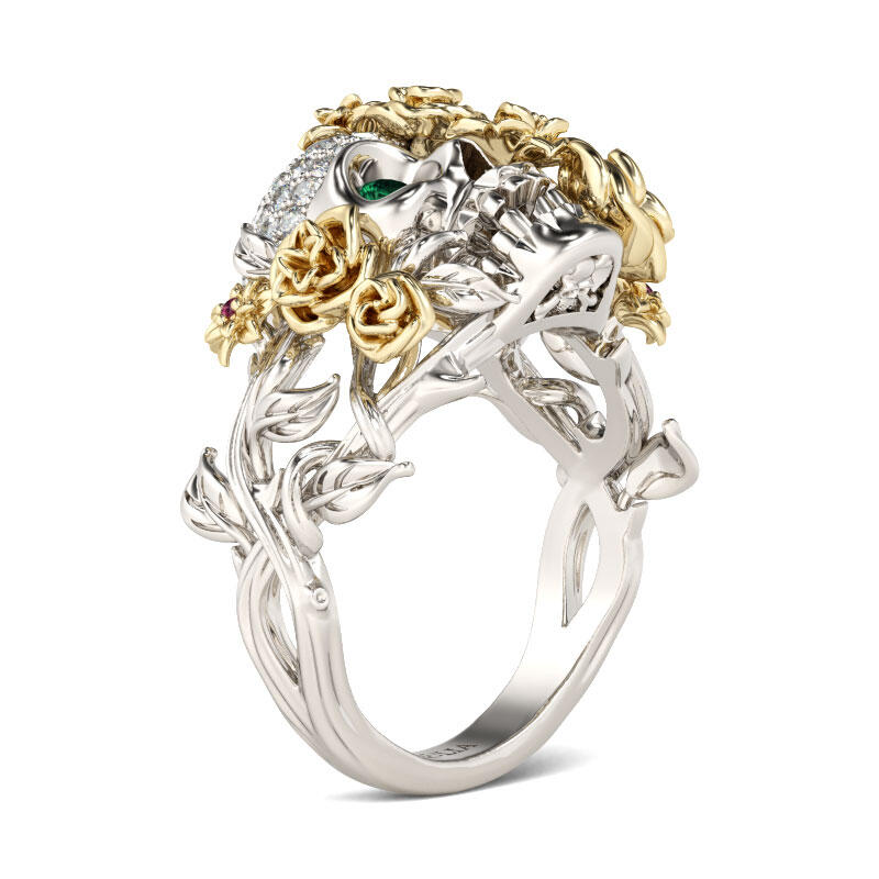 Jeulia Two Tone Floral Round Cut Sterling Silver Skull Ring