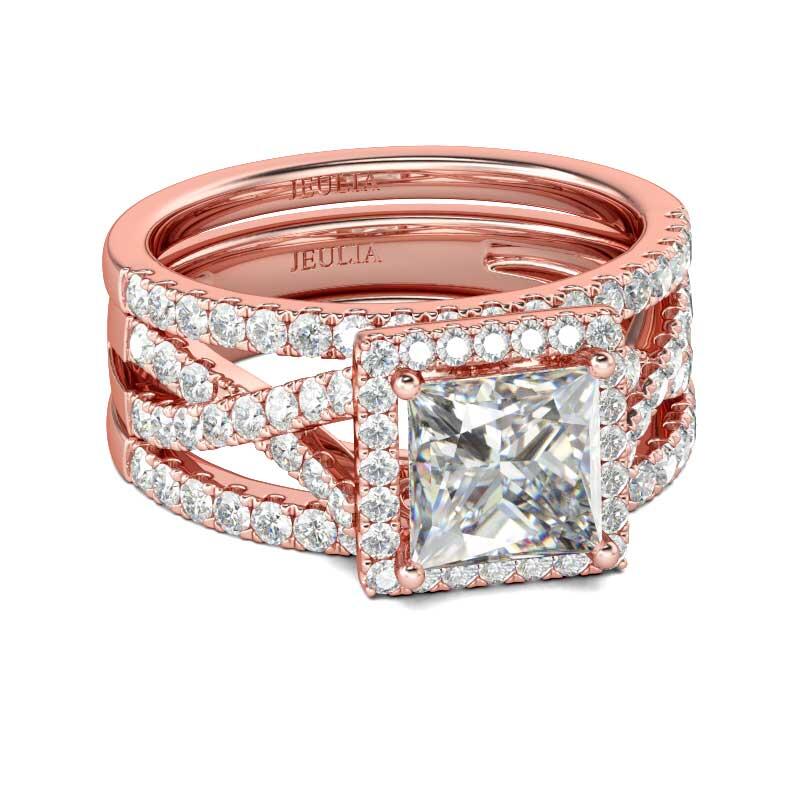 Jeulia 3PC Halo Princess Cut Sterling Silver Ring Set