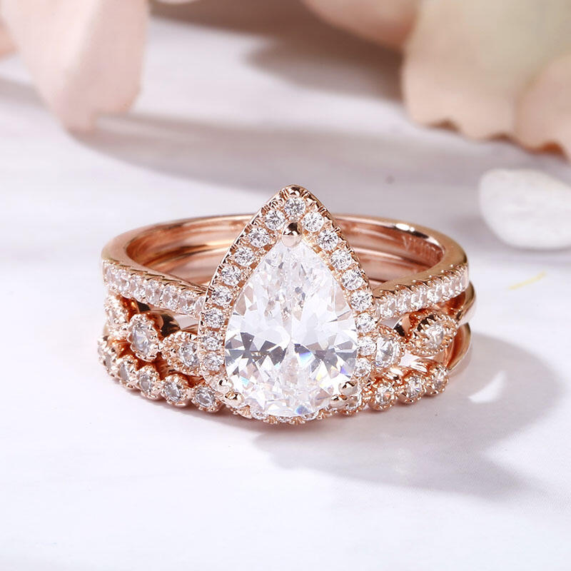 Jeulia 3PC Halo Pear Cut Sterling Silver Ring Set