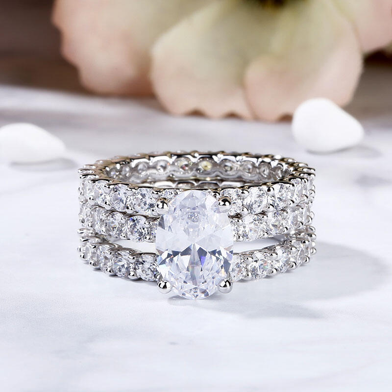 Jeulia Terno De Anillos De Talla Ovalada En Plata De Ley