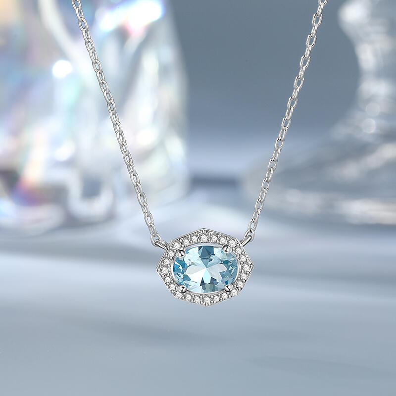 Aquamarine Halo Oval Necklace