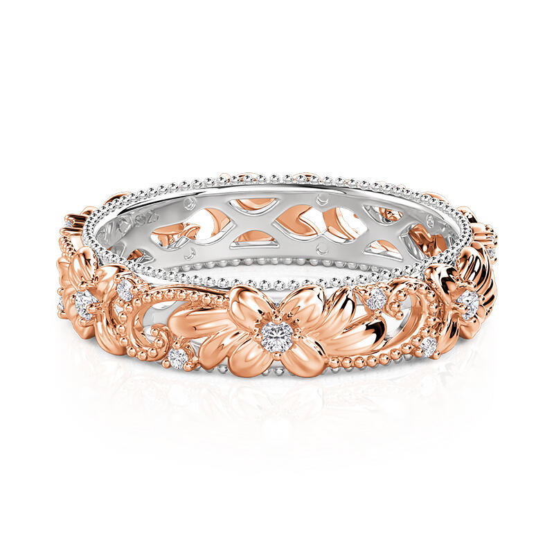 Jeulia Anillo de Boda Floral en Relieve Bicolor con Pavé de Piedras