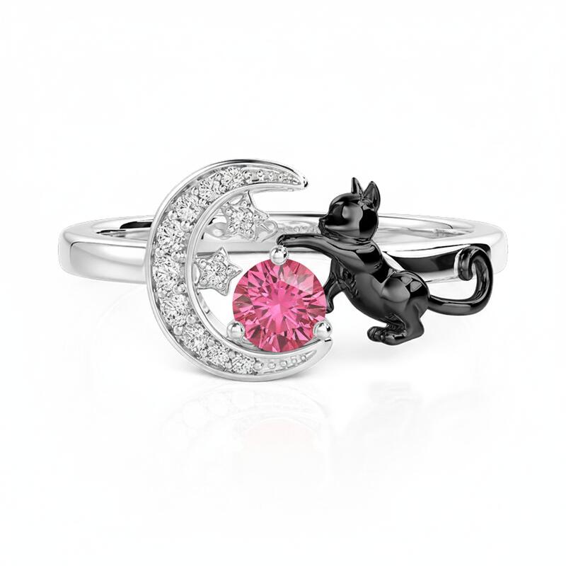 Jeulia Custom Black Cat Moon and Star Ring With Birthstone