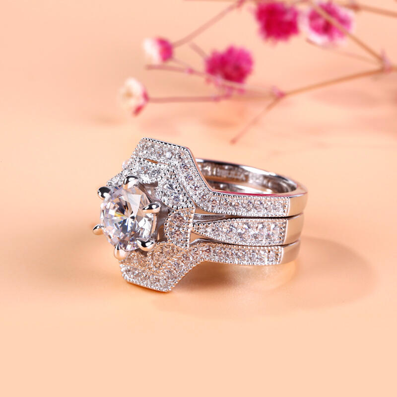 Jeulia Terno De Anillos Con Arte Adorno De Talla Redonda En Plata De Ley