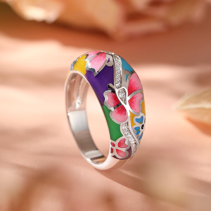 Jeulia Anillo de mariposa y flor esmalte de plata esterlina de las mujeres