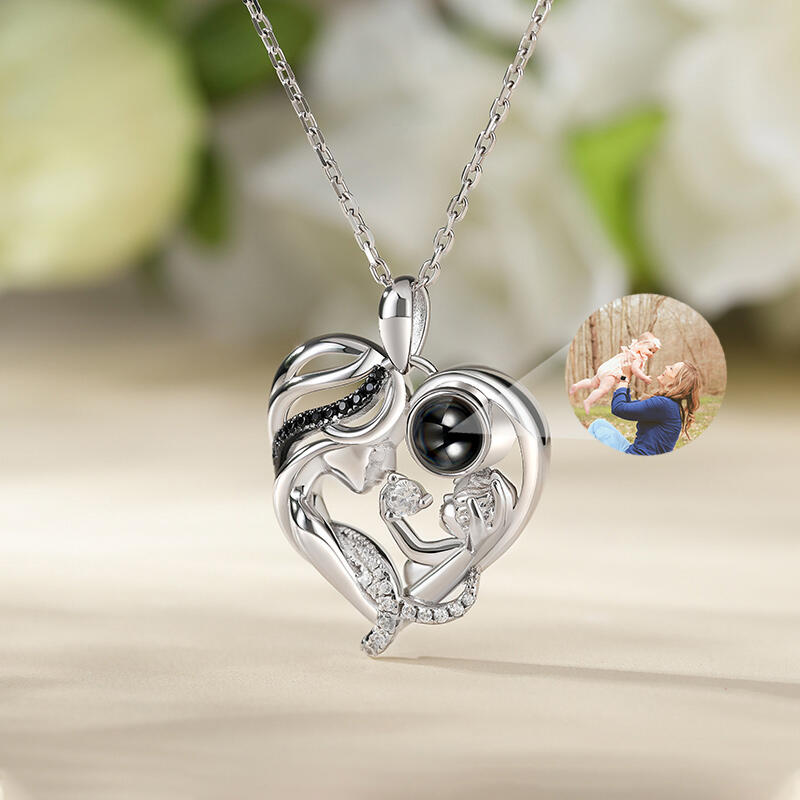 Jeulia "Warmest Protection" Mom & Baby Heart Personalized Photo Projection Sterling Silver Necklace