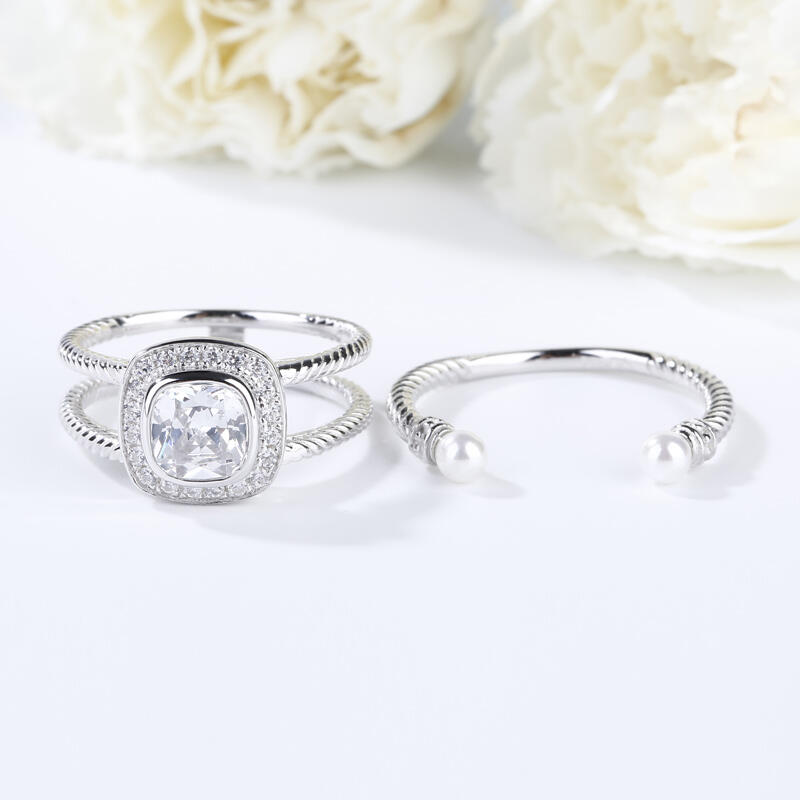 Jeulia Rope Halo Cushion Cut Interchangeable Sterling Silver Ring Set