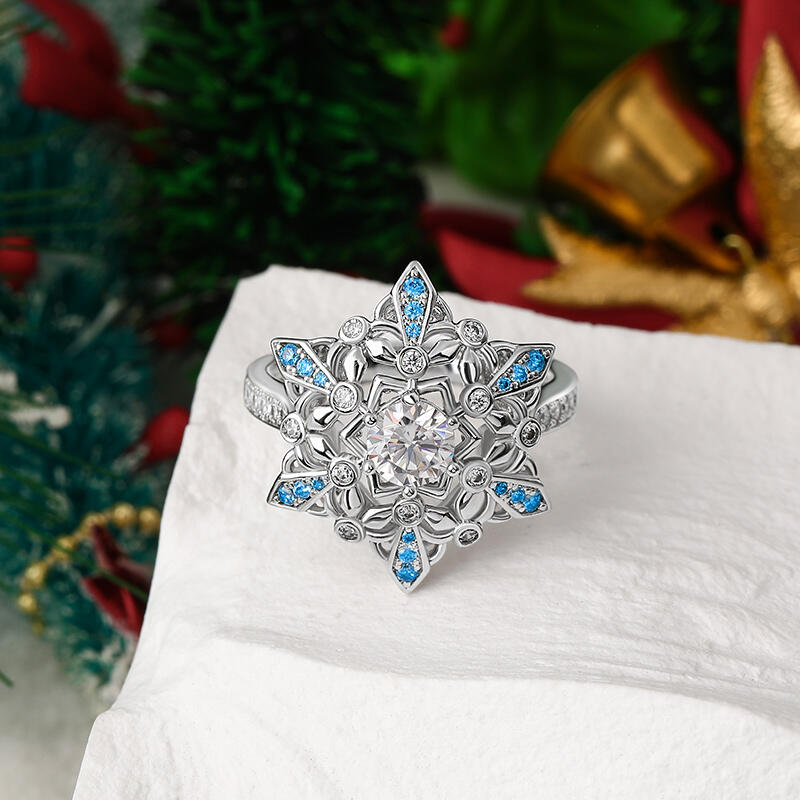 Jeulia "Snow Princess" Snowflake Round Cut Sterling Silver Ring