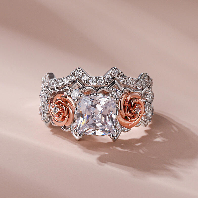 Jeulia "True Love" Rose Princess Cut Sterling Silver Ring Set