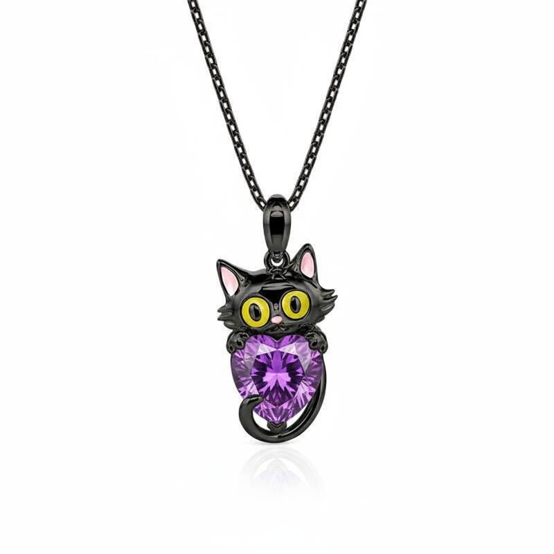 Jeulia Hug Me Custom Birthstone Black Cat Necklace