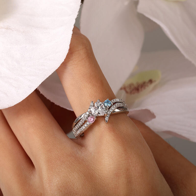 Custom Three Stone Engraved Name Ring with Birthstone