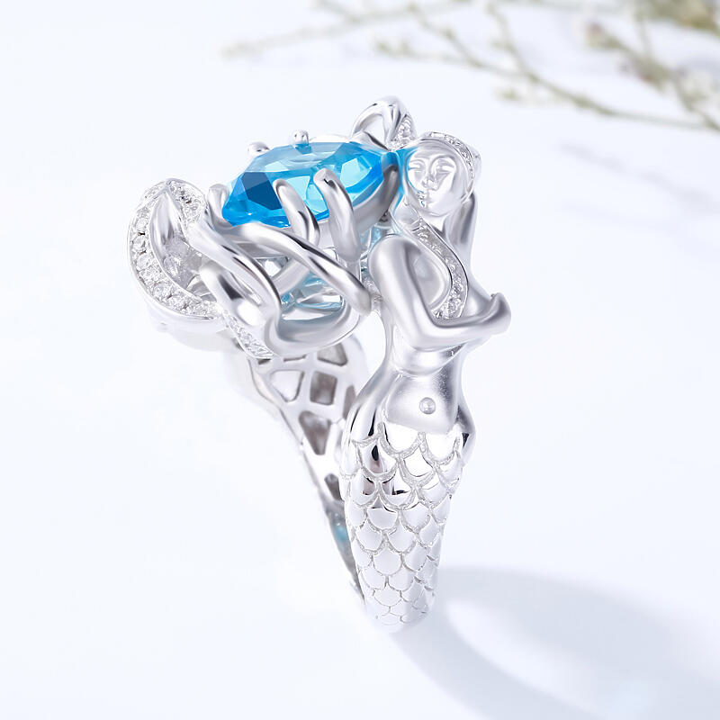 Jeulia Blue Cushion Cut Sterling Silver Mermaid Ring