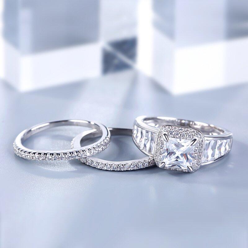 Jeulia Double Halo Princess Cut Sterling Silver 3PC Ring Set