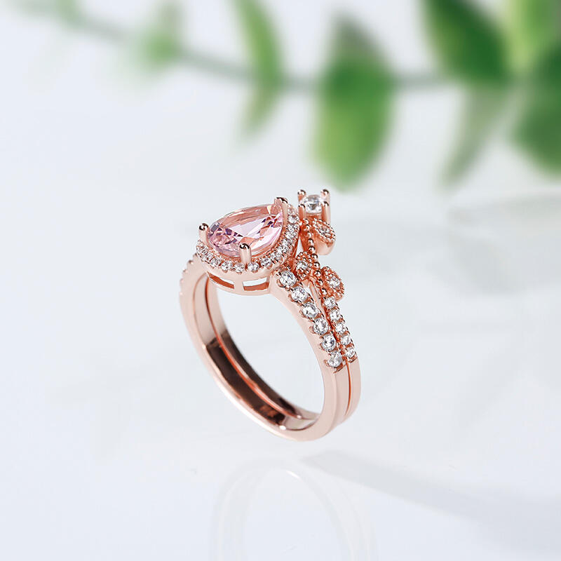 Jeulia Halo Pear Cut Synthetic Morganite Sterling Silver Ring Set