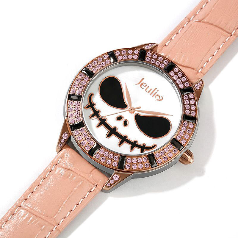Jeulia "Magic at Midnight" Skull Design Quartz Pink Leather Watch with Mother-of-Pearl Dial