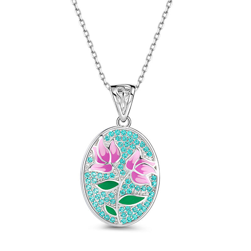 Jeulia "Twins" Flower Enamel Sterling Silver Necklace