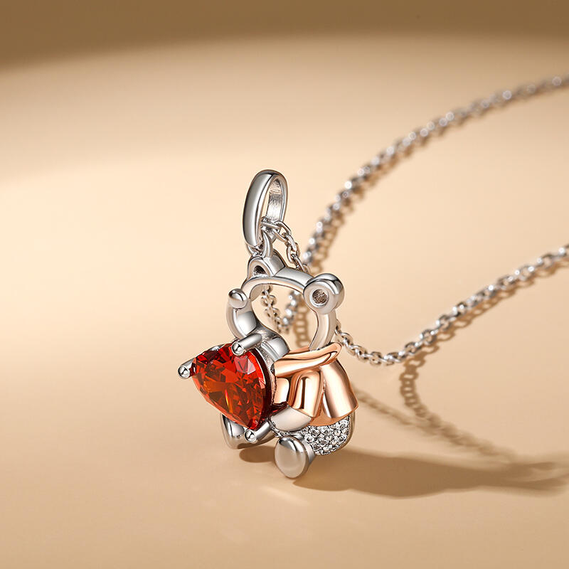 Jeulia Hug Me "Cute Bear" Heart Cut Personalized Sterling Silver Necklace with Birthstone