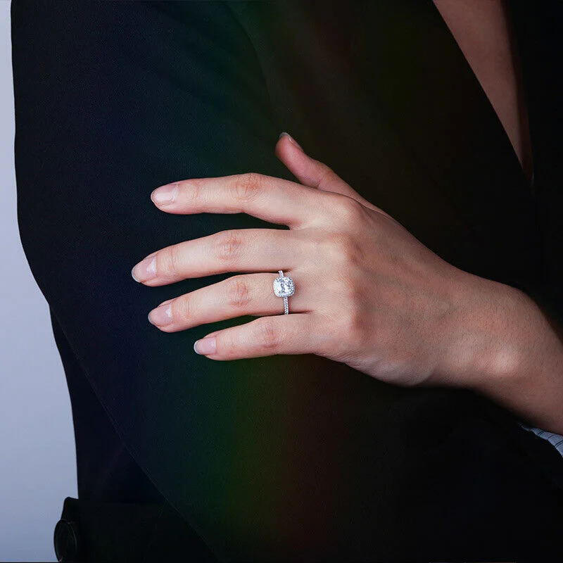 Jeulia Cushion Cut Halo Sterling Silver Engagement Ring