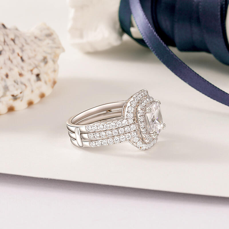 Jeulia Classic Cushion Cut Halo Engagement Ring Set Sterling Silver