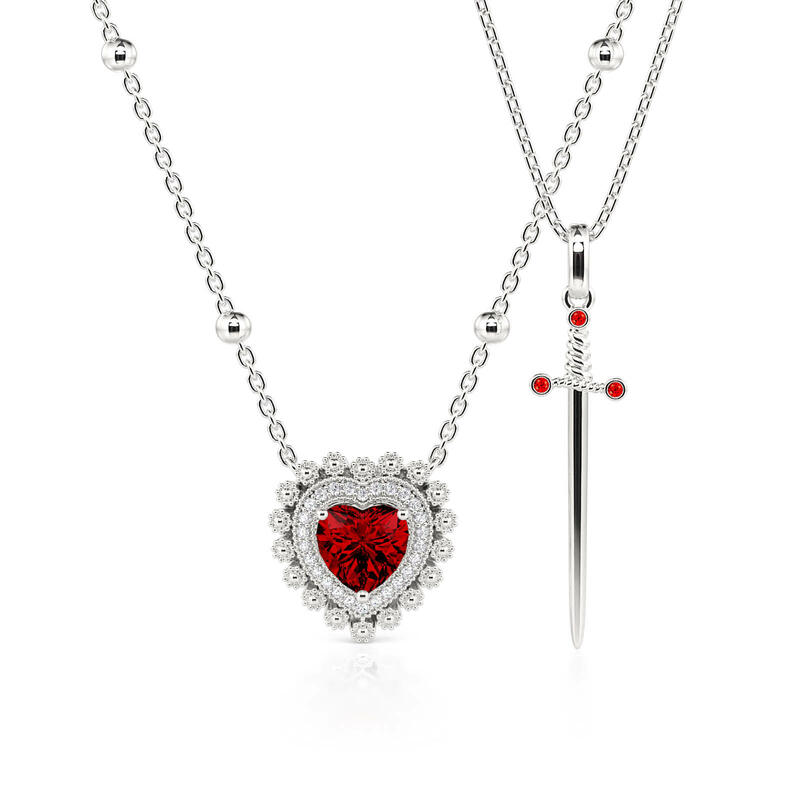 Jeulia Sword Couples Ruby Heart Necklace