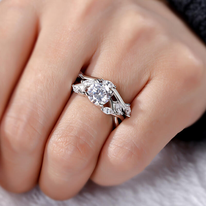 Jeulia Nature Inspired Round Cut Sterling Silver Ring Set