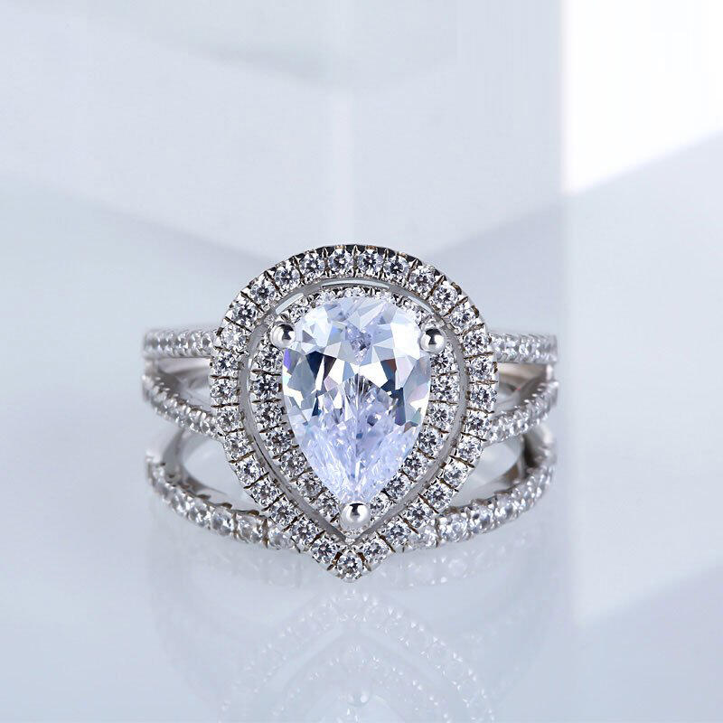 Jeulia Double Halo Pear Cut Sterling Silver Ring Set