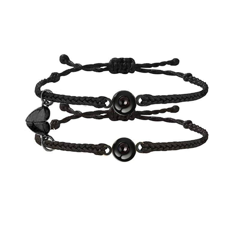 Bracciali con Foto Dentro Corda Nera con Magente a Cuore per Coppia