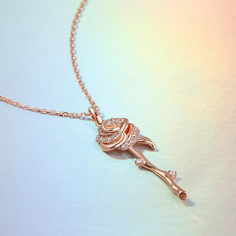Jeulia "Flowering Rose" Rose Gold Tone Sterling Silver Necklace