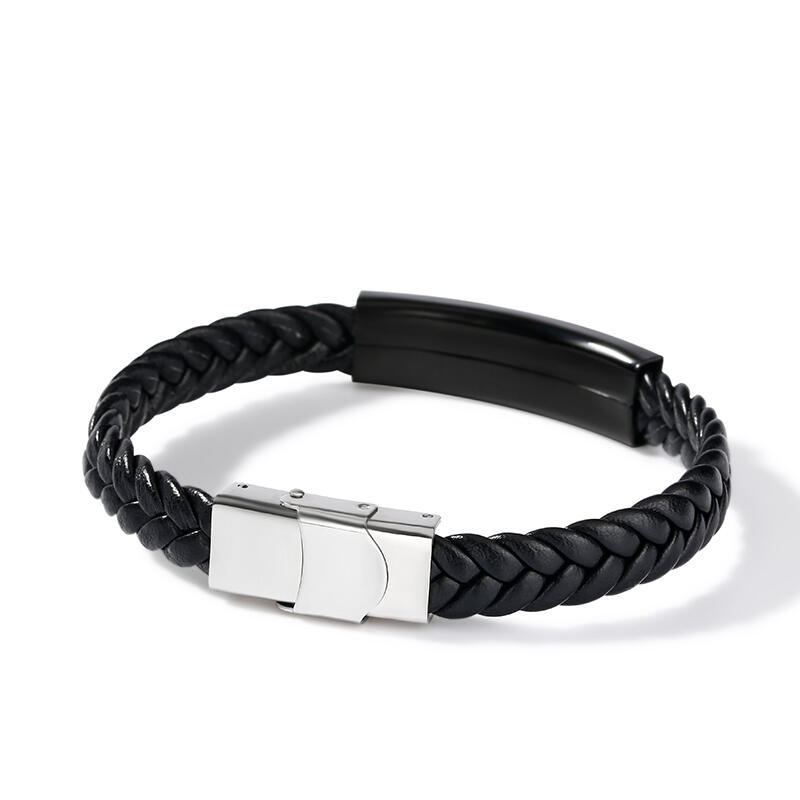 Jeulia Rhinestone Stainless Steel Leather Men's Bracelet