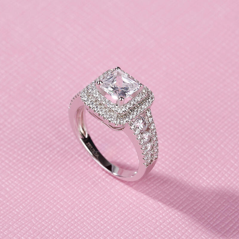 Jeulia Halo Princess Cut Sterling Silver Ring