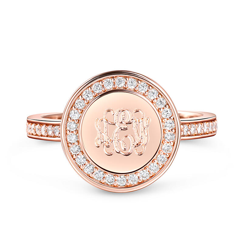 Jeulia Halo Round Monogram Personalized Sterling Silver Ring