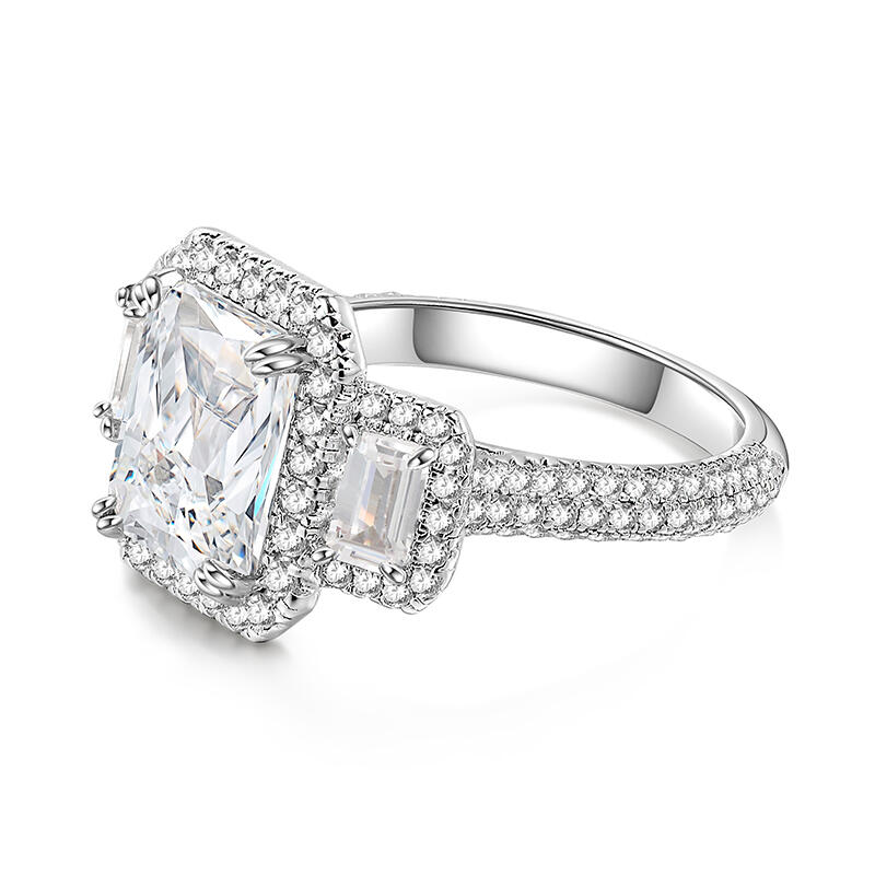 Jeulia Three Stone Emerald Cut Sterling Silver Ring