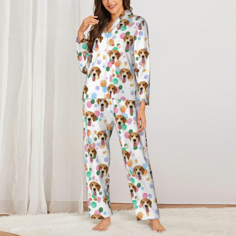 Gepersonaliseerde pyjama aangepaste foto huisdier kleurrijke inkt stippen patroon ontwerp levendig cadeau voor haar familie