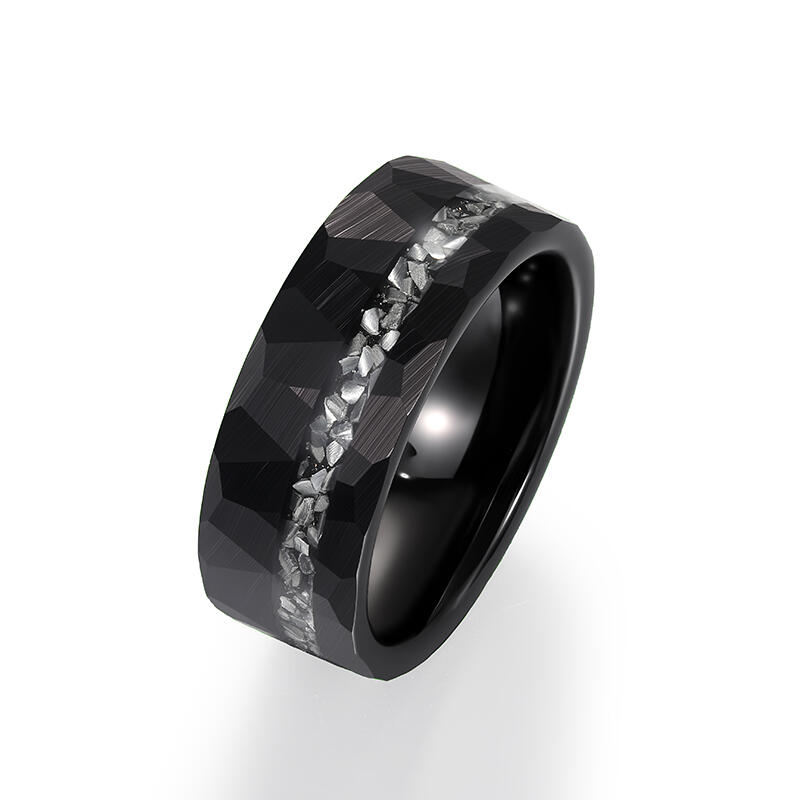 Jeulia Anillo de Tungsteno Negro Martillado Irregular para Hombres