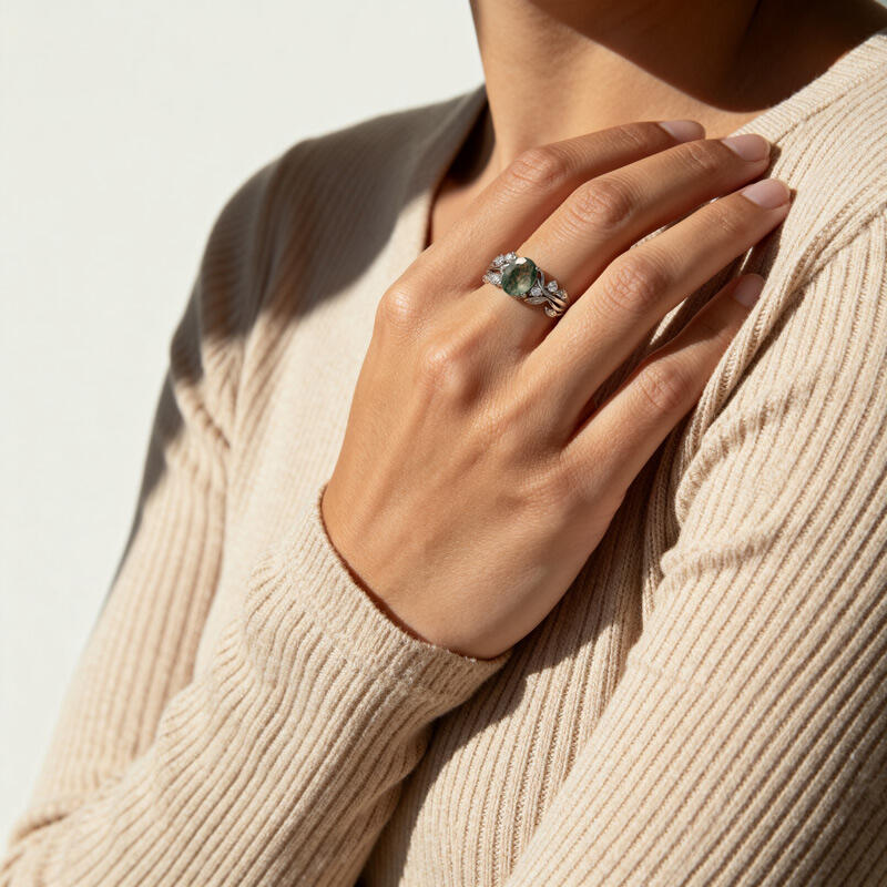 Jeulia Blumen Blatt Oval Moosachat Verlobungsring