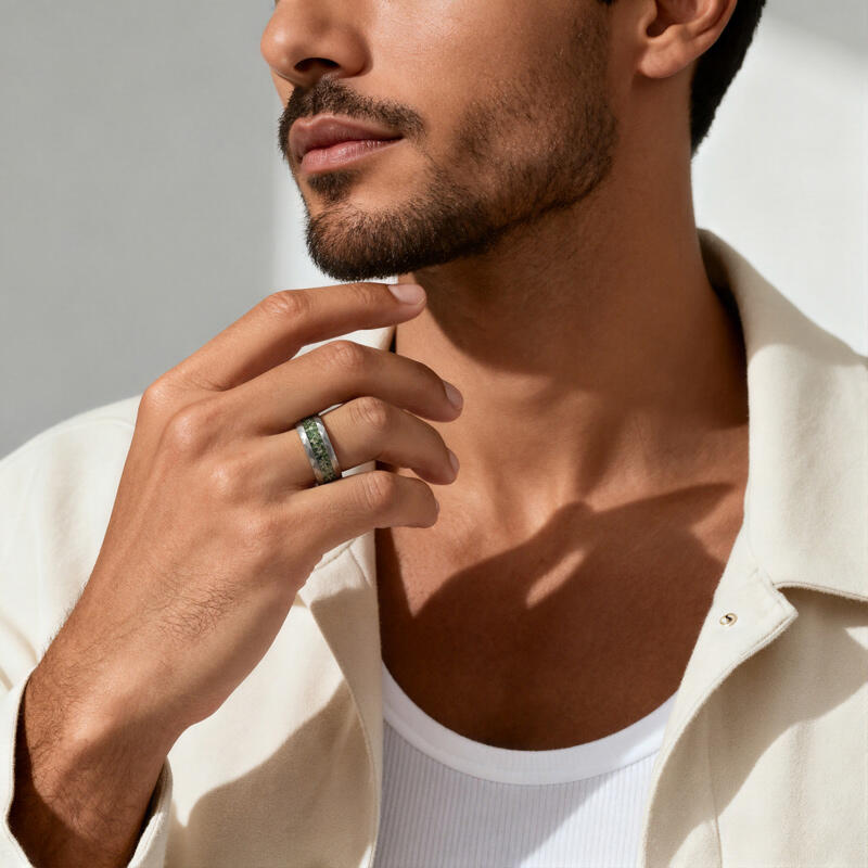 Jeulia Men‘s Hammered Tungsten Moss Agate Ring