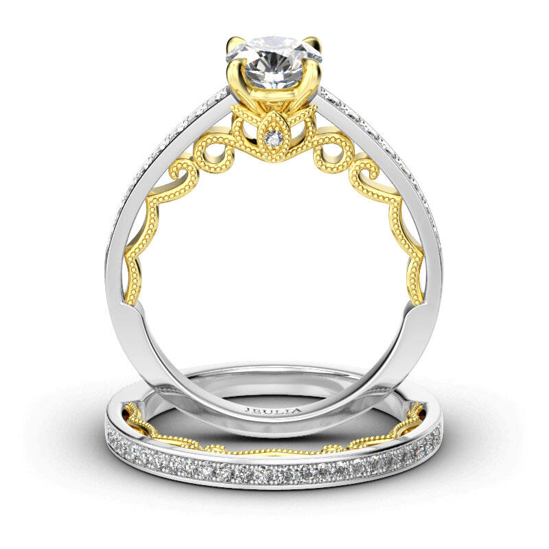 Jeulia Vintage Two Tone Scrollwork Round Cut Sterling Silver Ring Set