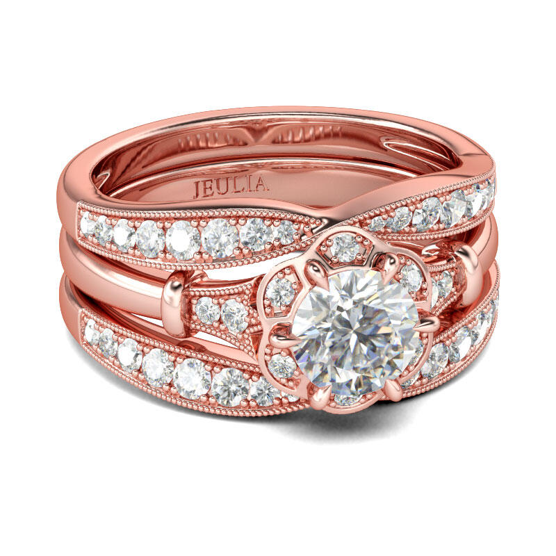 Jeulia Rose Gold Tone Floral Round Cut Sterling Silver Ring Set