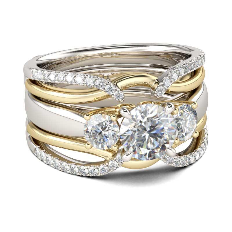 Jeulia Two Tone Three Stone Round Cut Sterling Silver Ring Set
