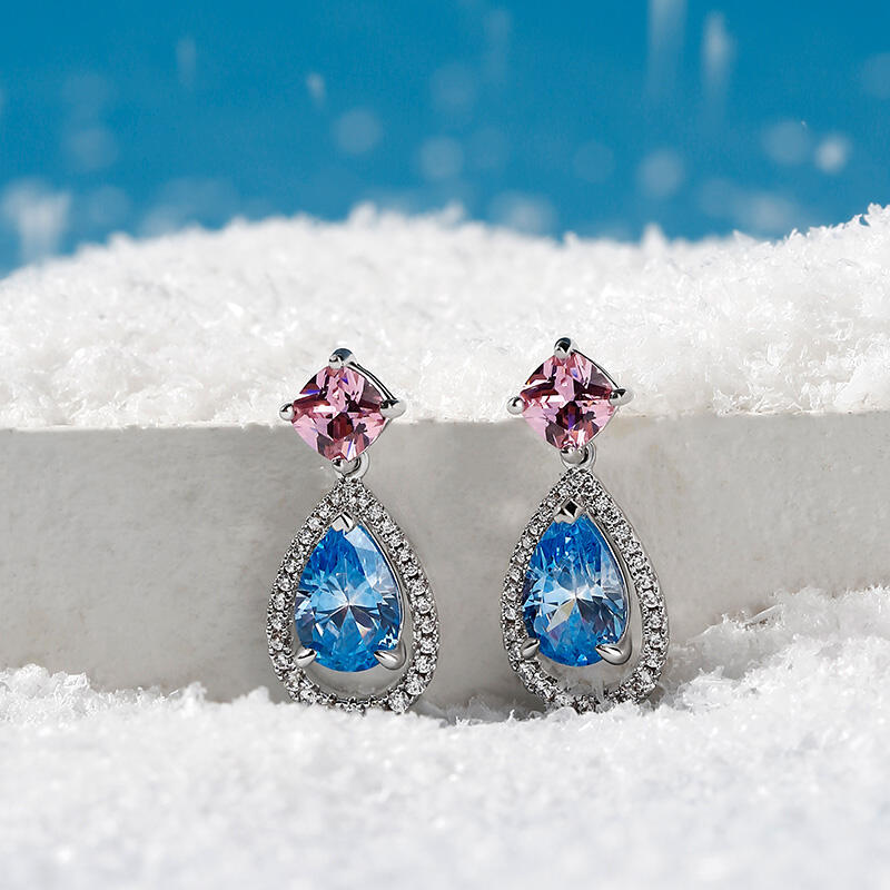 Jeulia Aretes de plata esterlina con aguamarina diseñado de lágrima y halo con corte de pera