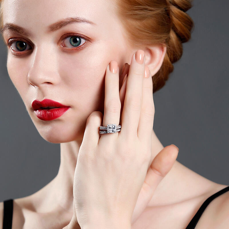 Jeulia Halo Princess Cut Sterling Silver Ring Set