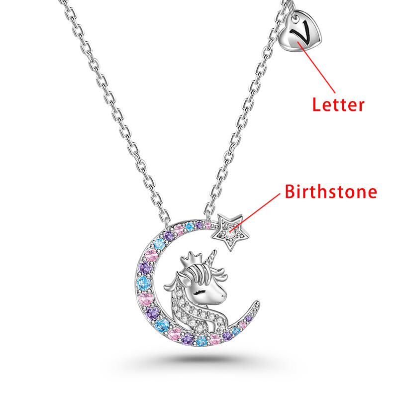 Jeulia 誕生石付きパーソナライズされたユニコーンムーンネックレススターリングシルバー