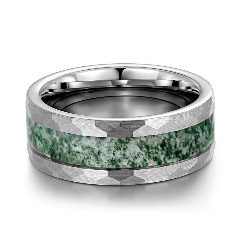Jeulia Men‘s Hammered Tungsten Moss Agate Ring