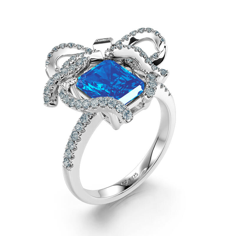Jeulia "Blue Treasure" Butterfly Knot Radiant Cut Sterling Silver Ring