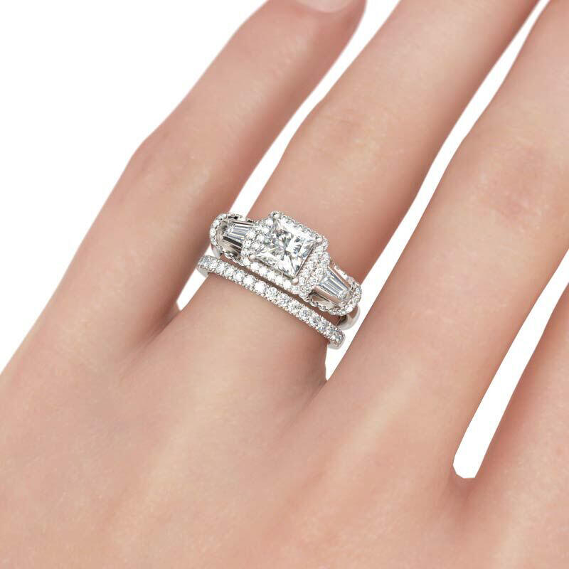Jeulia Three Stone Halo Princess Cut Sterling Silver Ring Set