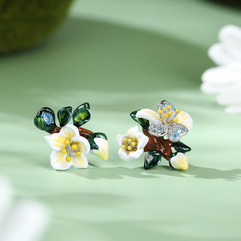 Jeulia Conjunto de Joyas de Plata de Ley Esmaltada con Flores de Almendro